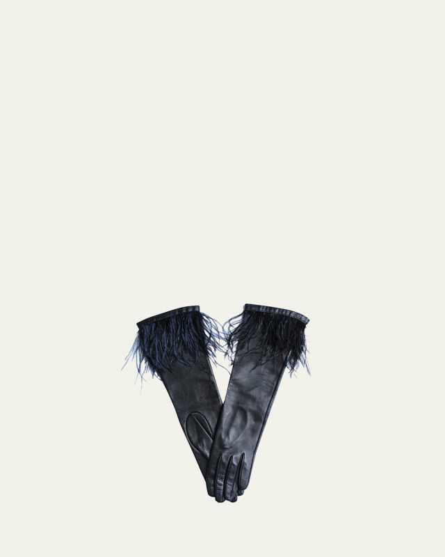 Simone Feather-Trim Leather Gloves